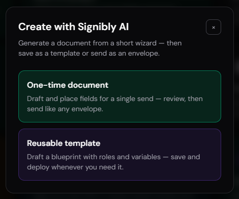 Create with Signibly AI modal choosing one-time document or reusable template