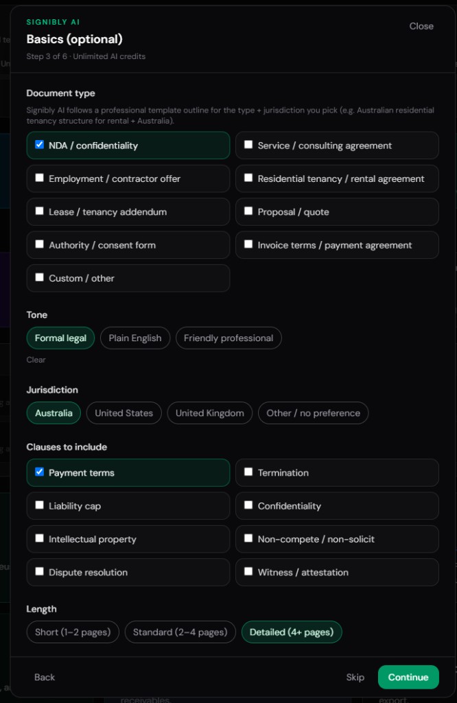 Signibly AI basics step with NDA, Australia jurisdiction, and detailed length selected