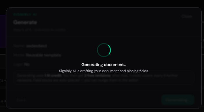 Signibly AI generating document and placing fields