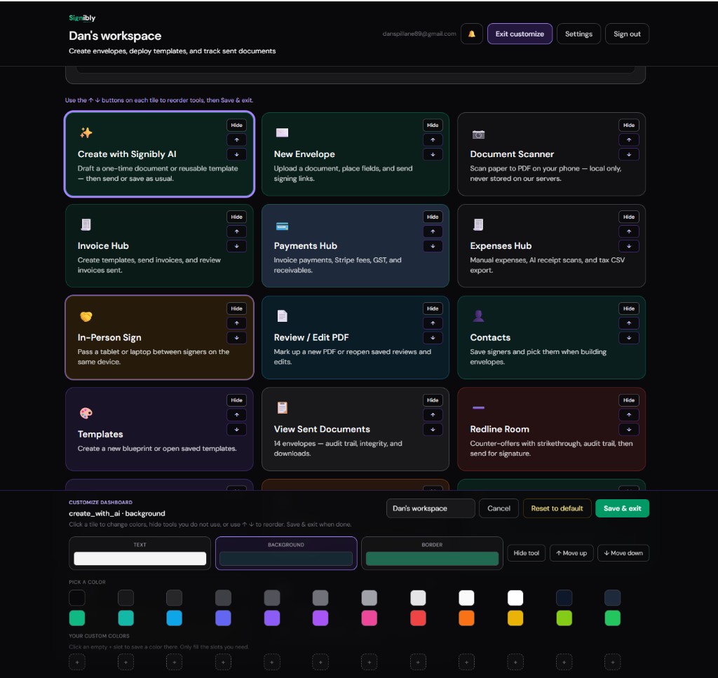 Signibly customize dashboard mode with reorder, hide, and color controls on hub tiles