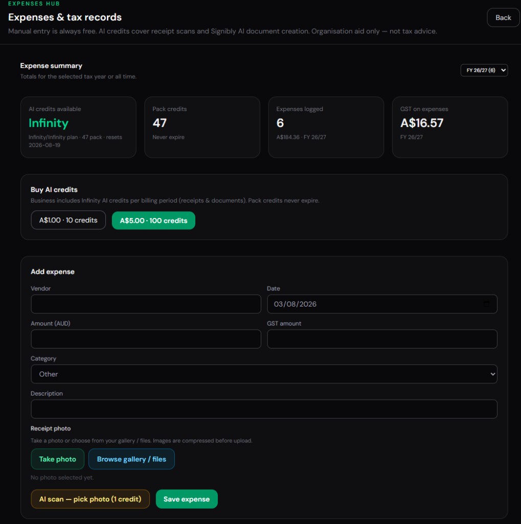 Expenses Hub overview with AI credits, spend summary, and add expense form
