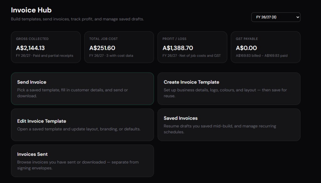 Invoice Hub dashboard with gross collected, job cost, profit, GST payable, and invoice actions