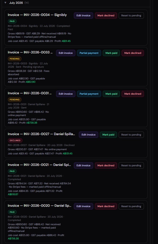 Payments Hub invoice list with paid, pending, and declined settlement actions