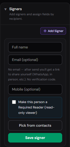 Signers panel to add name, email, mobile, or required reader