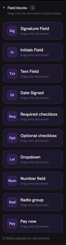 Field blocks sidebar with signature, initials, text, date, checkbox, dropdown, number, radio, and pay now
