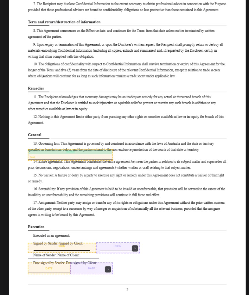 NDA prepare view with signature and date fields for sender and client