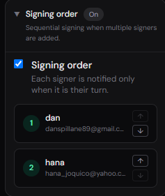 Signing order panel with sequential signing enabled for multiple signers