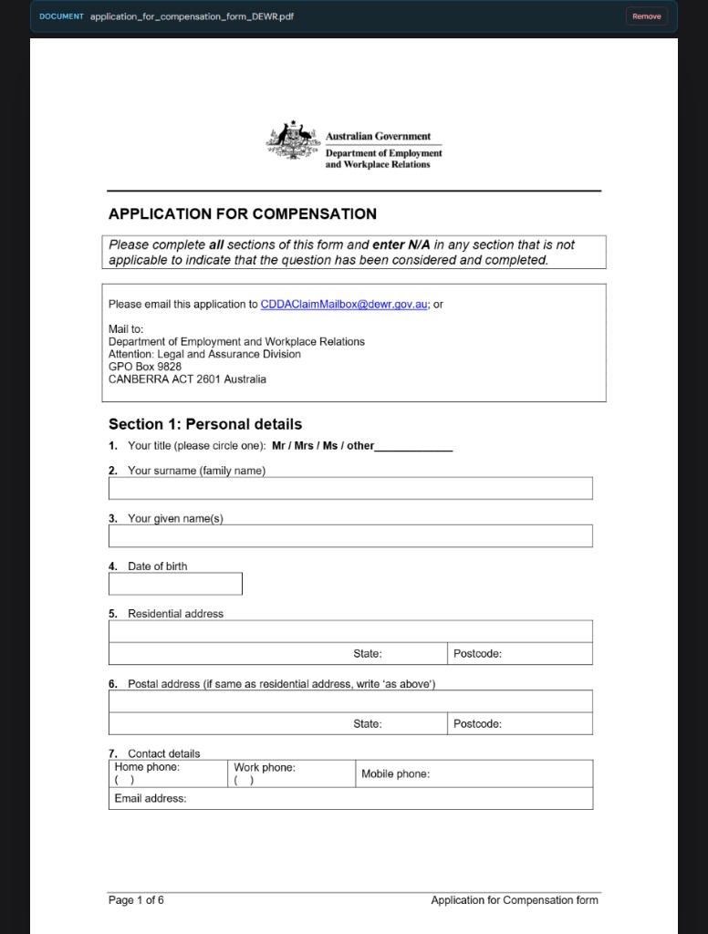 Sample Australian Department of Employment compensation application form page 1