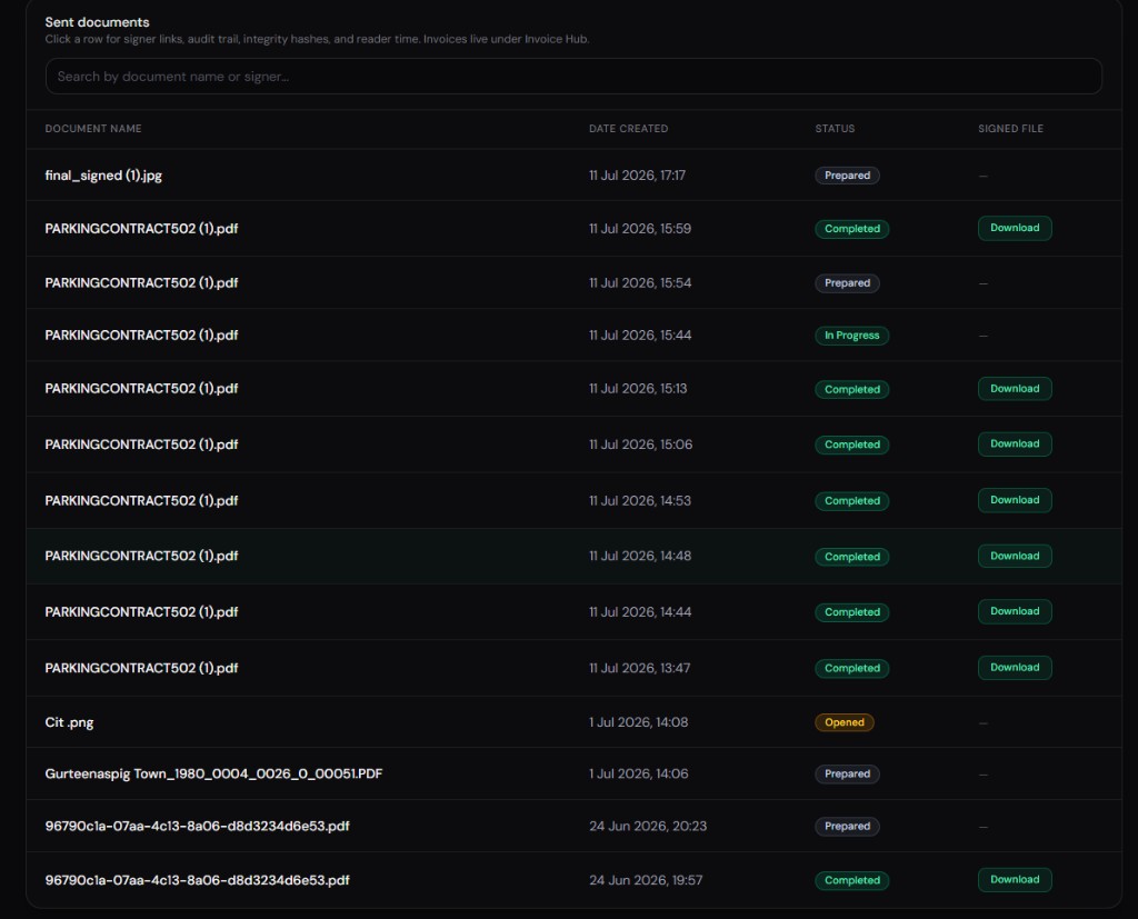 Sent documents list with status badges and signed file downloads