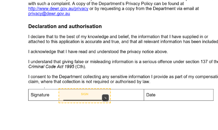 Signature field placed on an Australian government declaration form